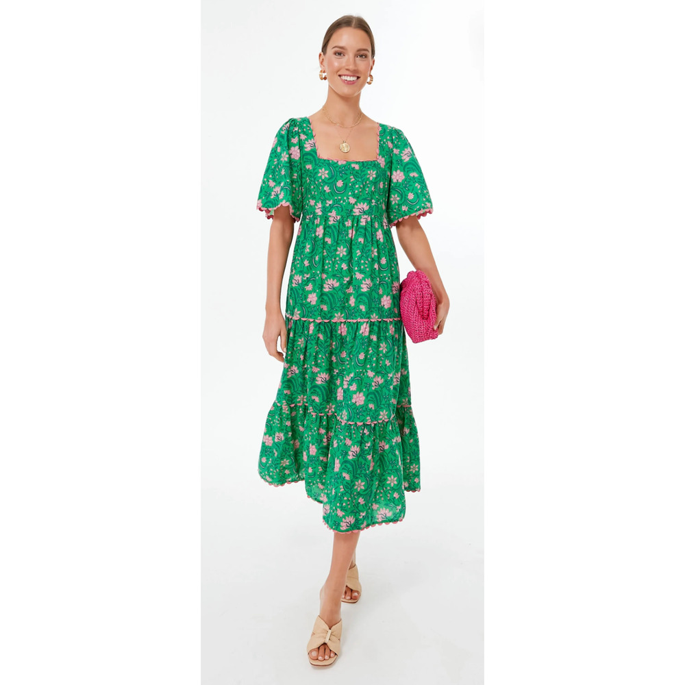 Pink City Prints Tuckernuck Green Forest Rose Maisie Midi Block Print Dress XS - Picture 2 of 11